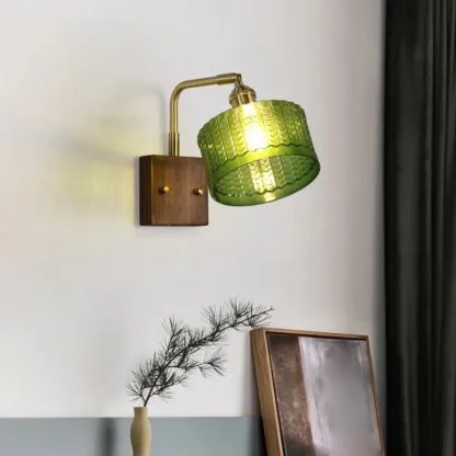 Vintage Glass Wall Light with Wooden Backplate for Home Image - 1