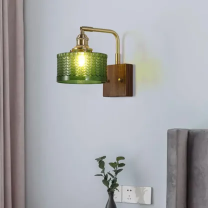 Vintage Glass Wall Light with Wooden Backplate for Home Image - 8