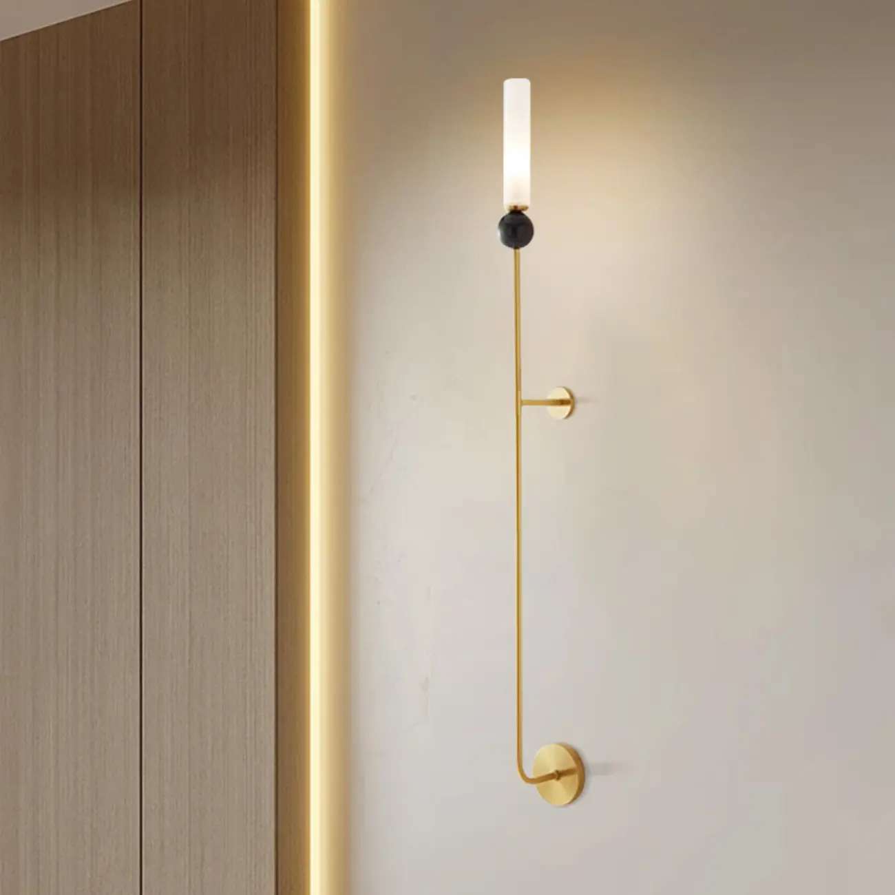 Minimalist Gold Wall Sconce with Sintered Stone Shade Image - 5 | homeyfad