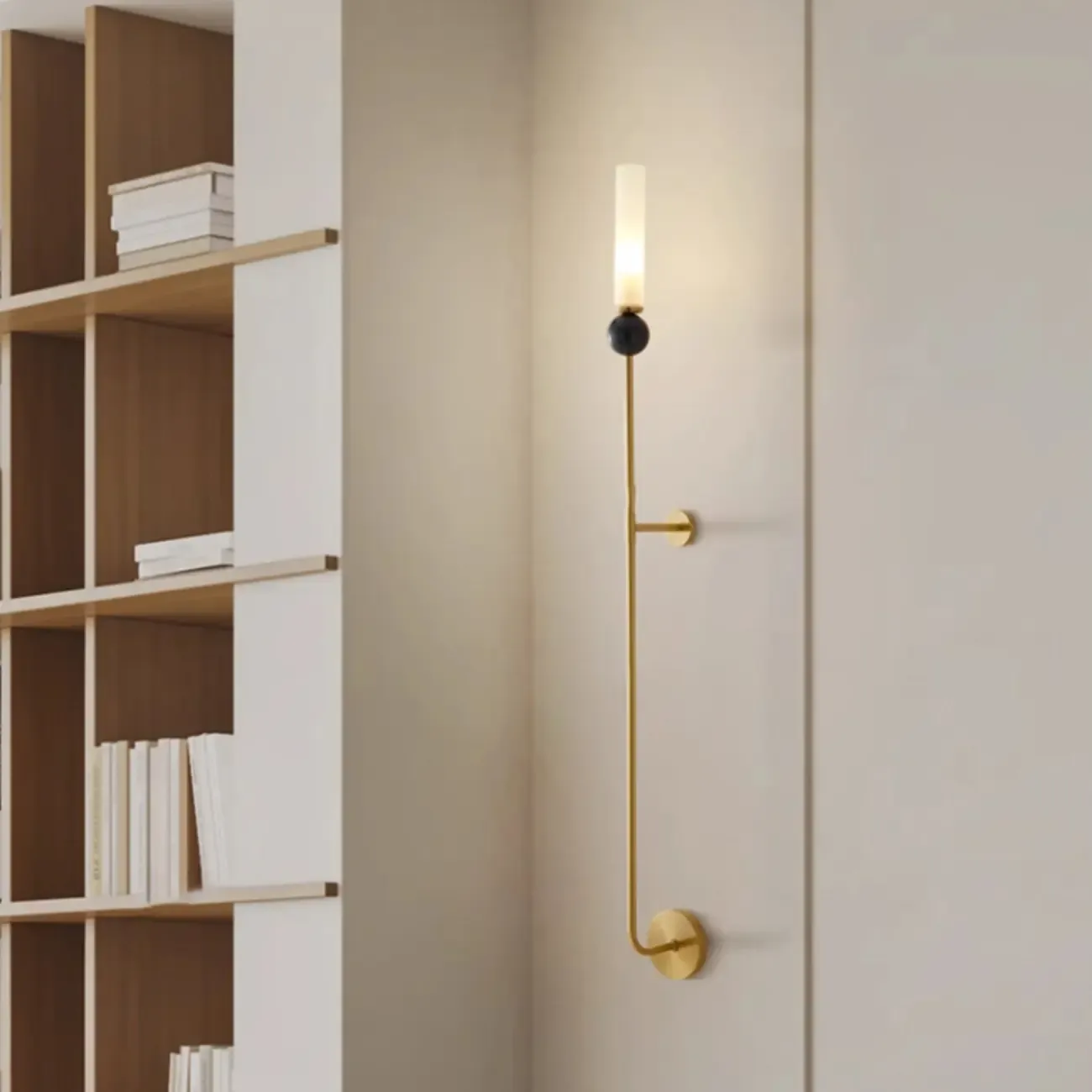 Minimalist Gold Wall Sconce with Sintered Stone Shade Image - 7