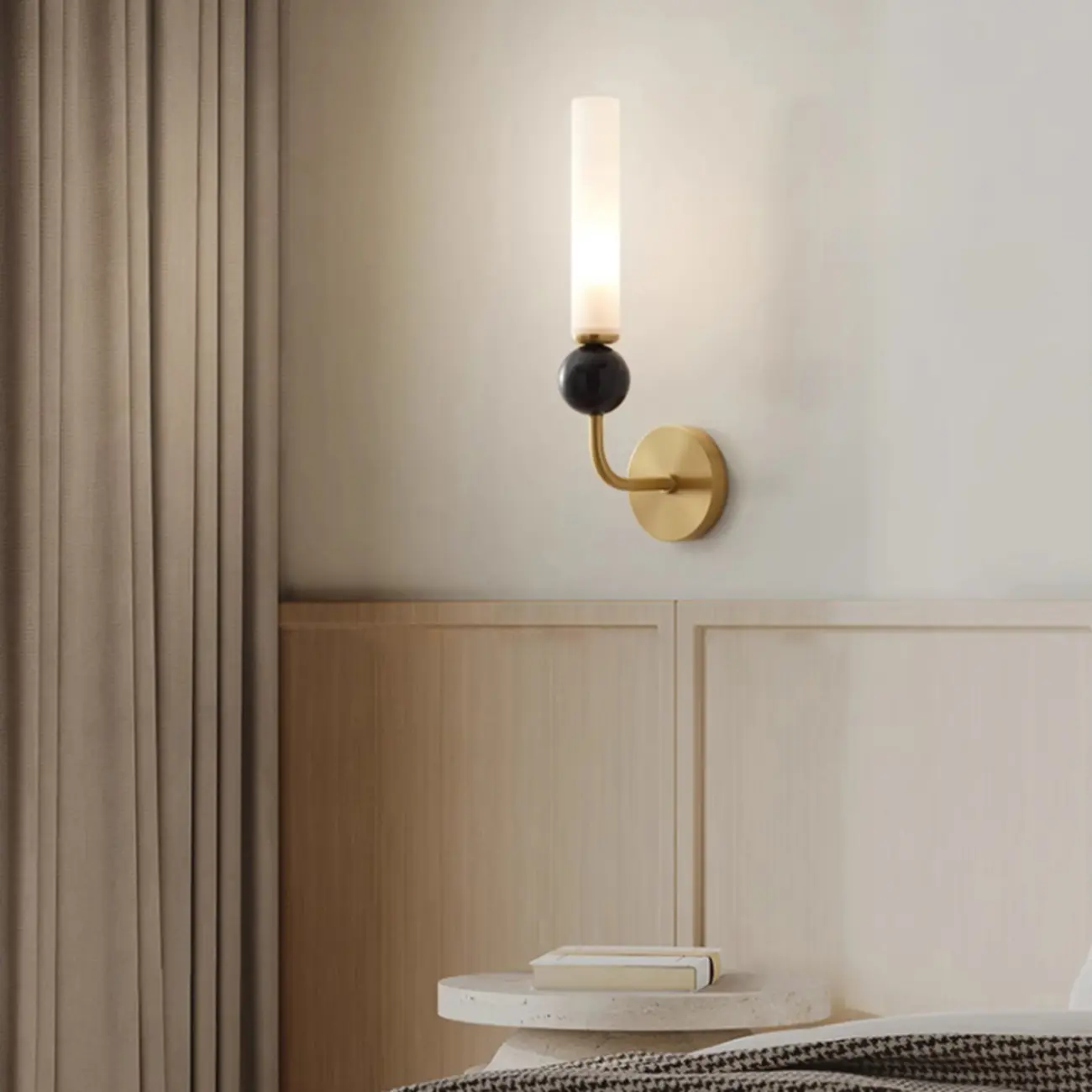 Minimalist Gold Wall Sconce with Sintered Stone Shade Image - 9 | homeyfad