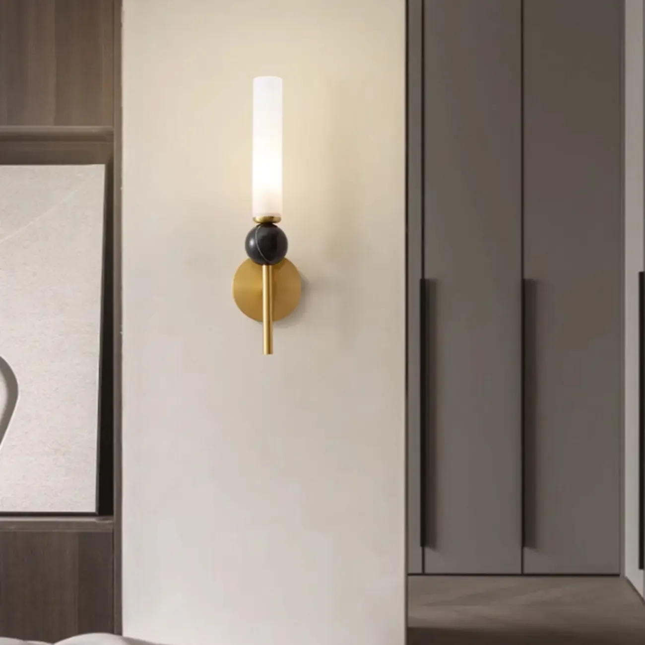 Minimalist Gold Wall Sconce with Sintered Stone Shade Image - 10
