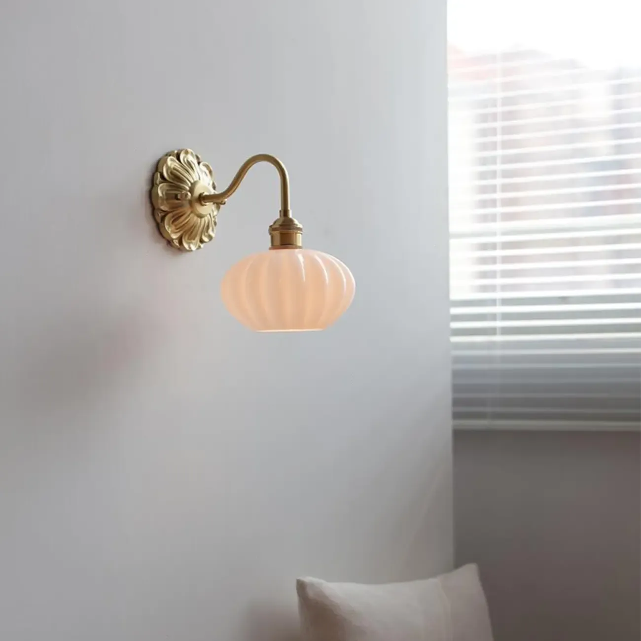 Classical Gold Floral Base White Glass Shade Wall Sconce Image - 5