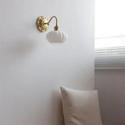 Classical Gold Floral Base White Glass Shade Wall Sconce Image - 6