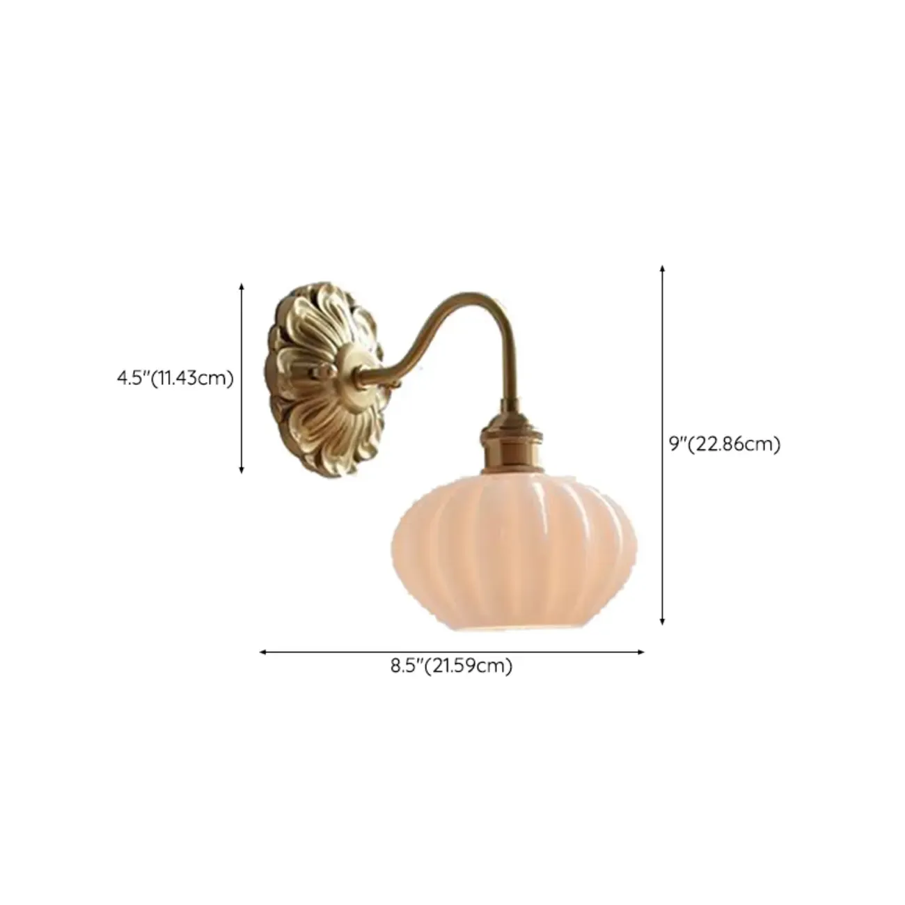 Classical Gold Floral Base White Glass Shade Wall Sconce #size