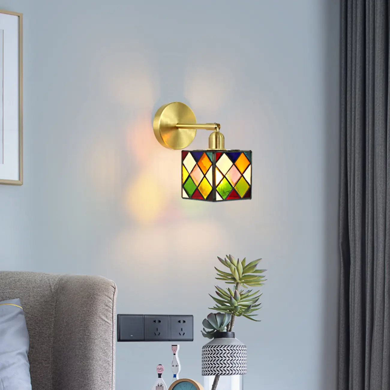 Vintage Brass Colorful Cube Shade Wall Sconce Image - 4 | homeyfad