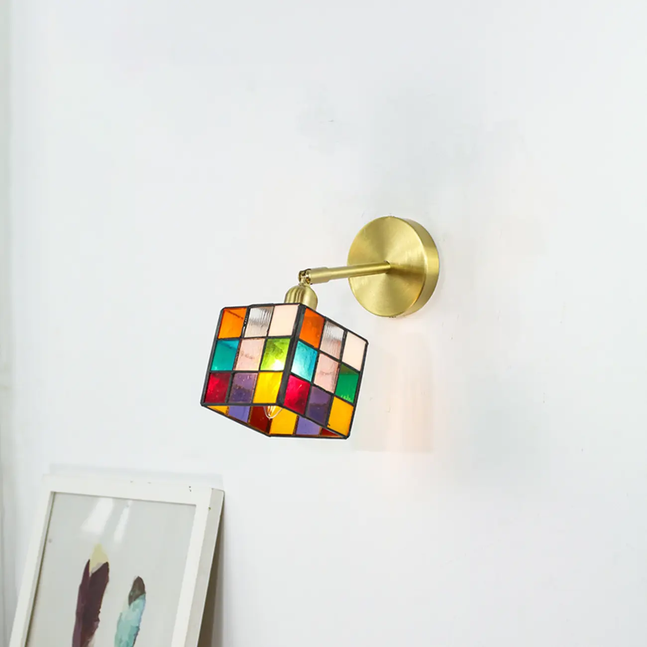 Vintage Brass Colorful Cube Shade Wall Sconce Image - 7 | homeyfad