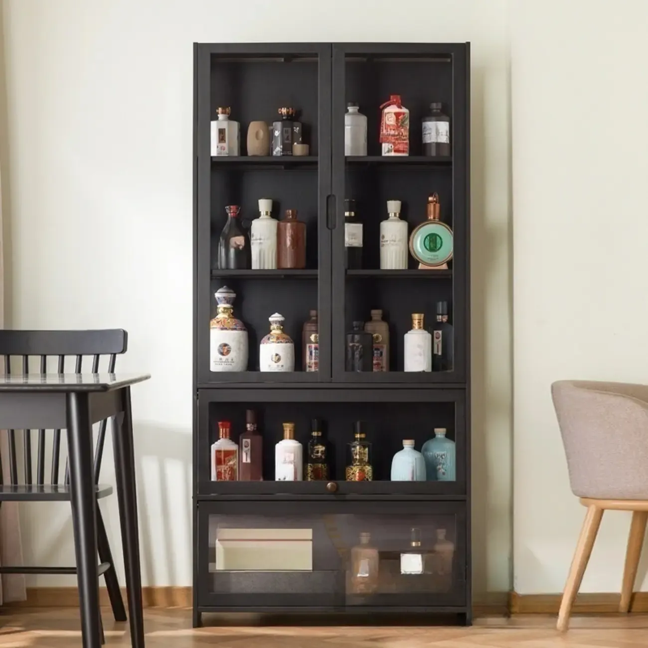 Contemporary 5 Shelves Bamboo Glass Black Curio Cabinet Image - 1
