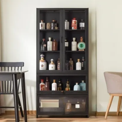 Contemporary 5 Shelves Bamboo Glass Black Curio Cabinet Image - 1