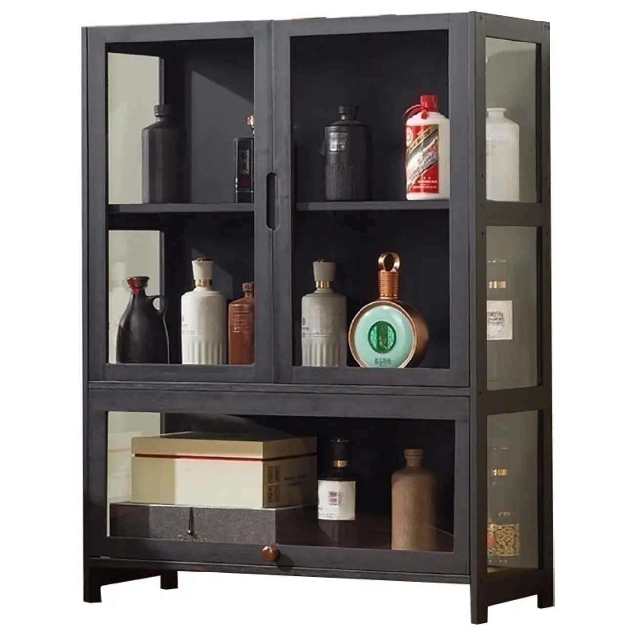 Contemporary 5 Shelves Bamboo Glass Black Curio Cabinet Image - 7 | homeyfad
