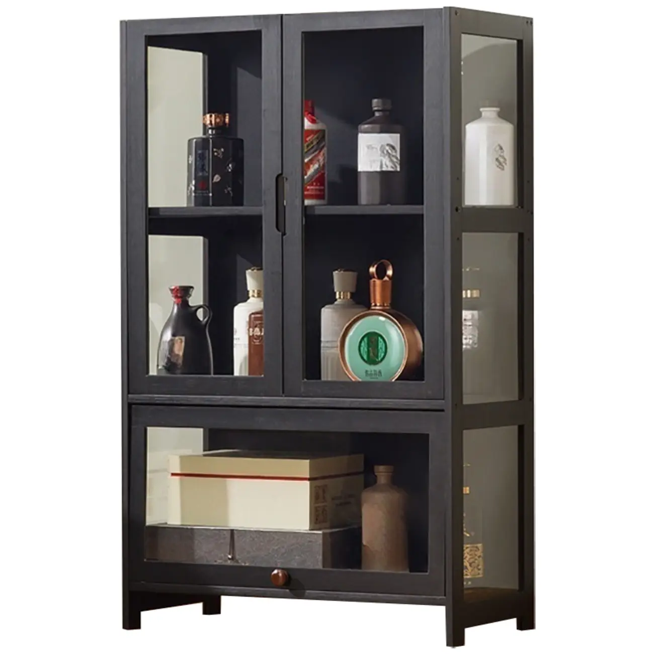 Contemporary 5 Shelves Bamboo Glass Black Curio Cabinet Image - 6 | homeyfad