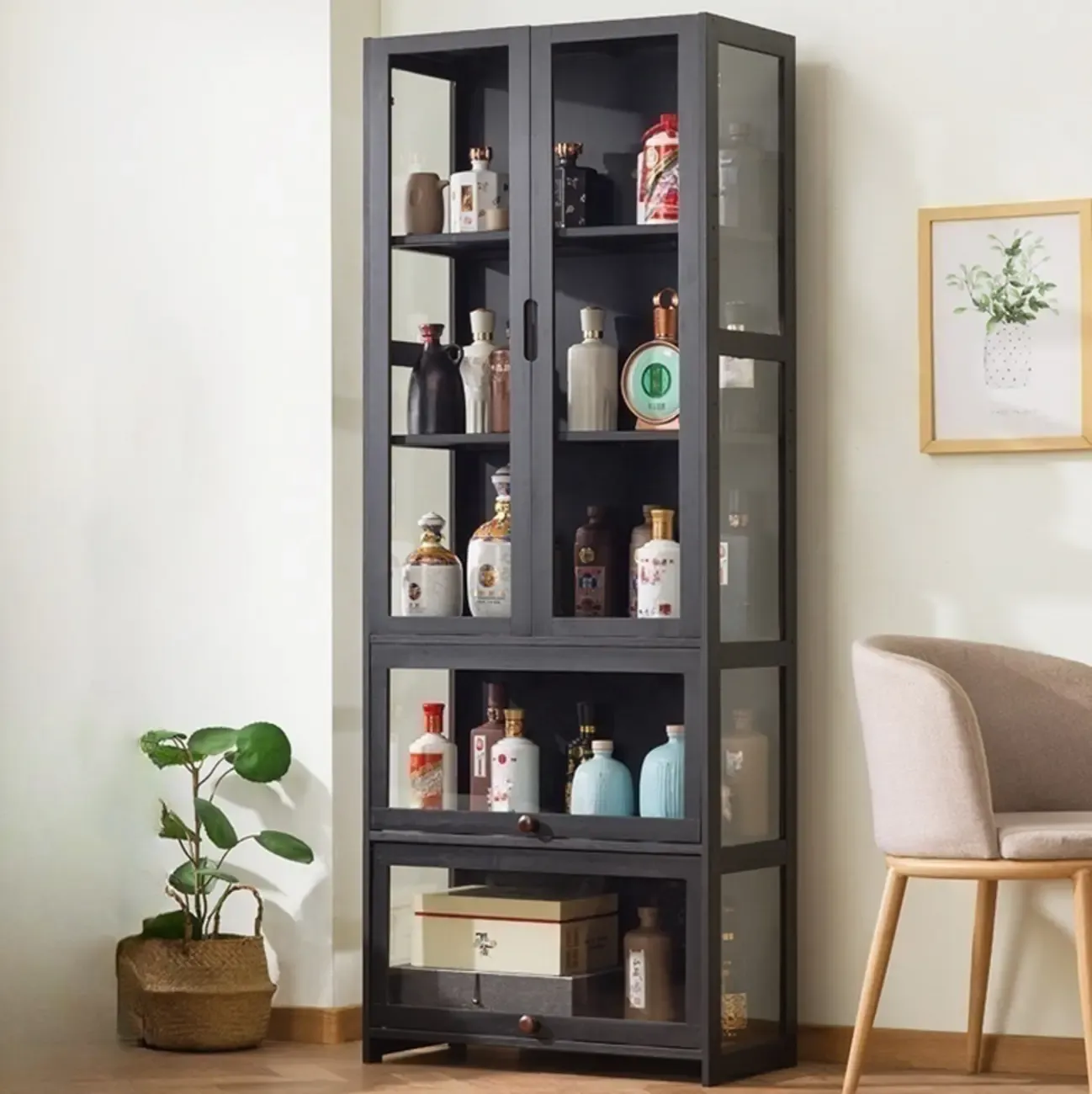 Contemporary 5 Shelves Bamboo Glass Black Curio Cabinet Image - 2
