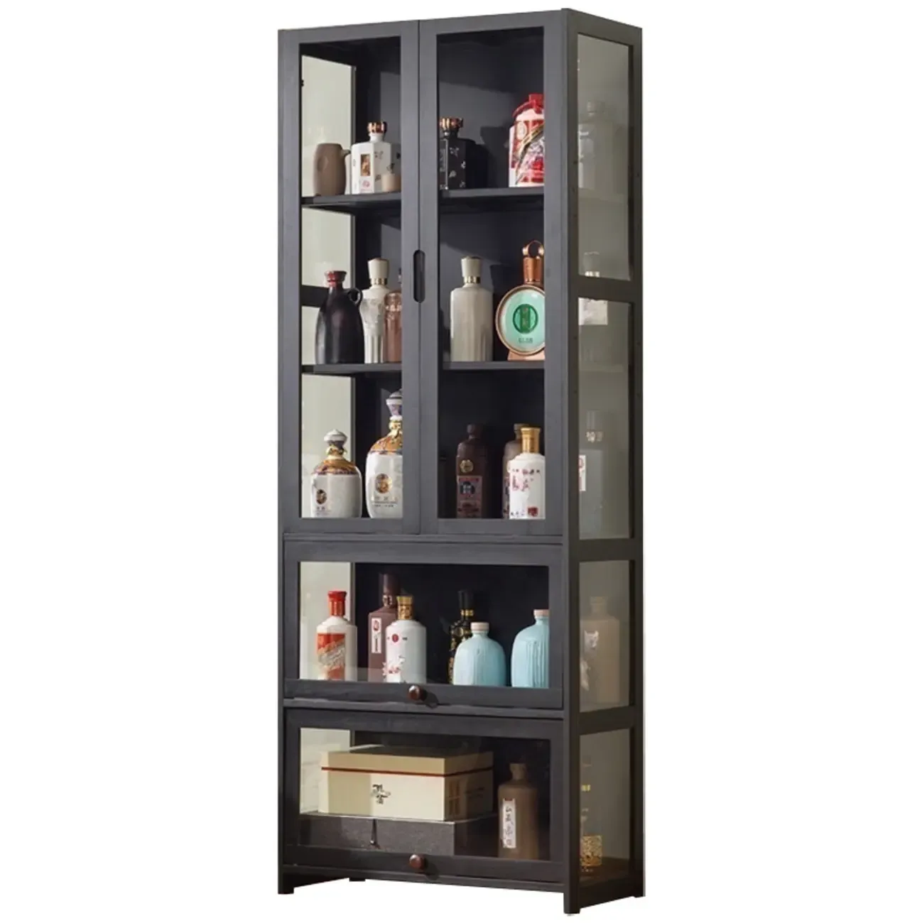 Contemporary 5 Shelves Bamboo Glass Black Curio Cabinet | HomeyFad