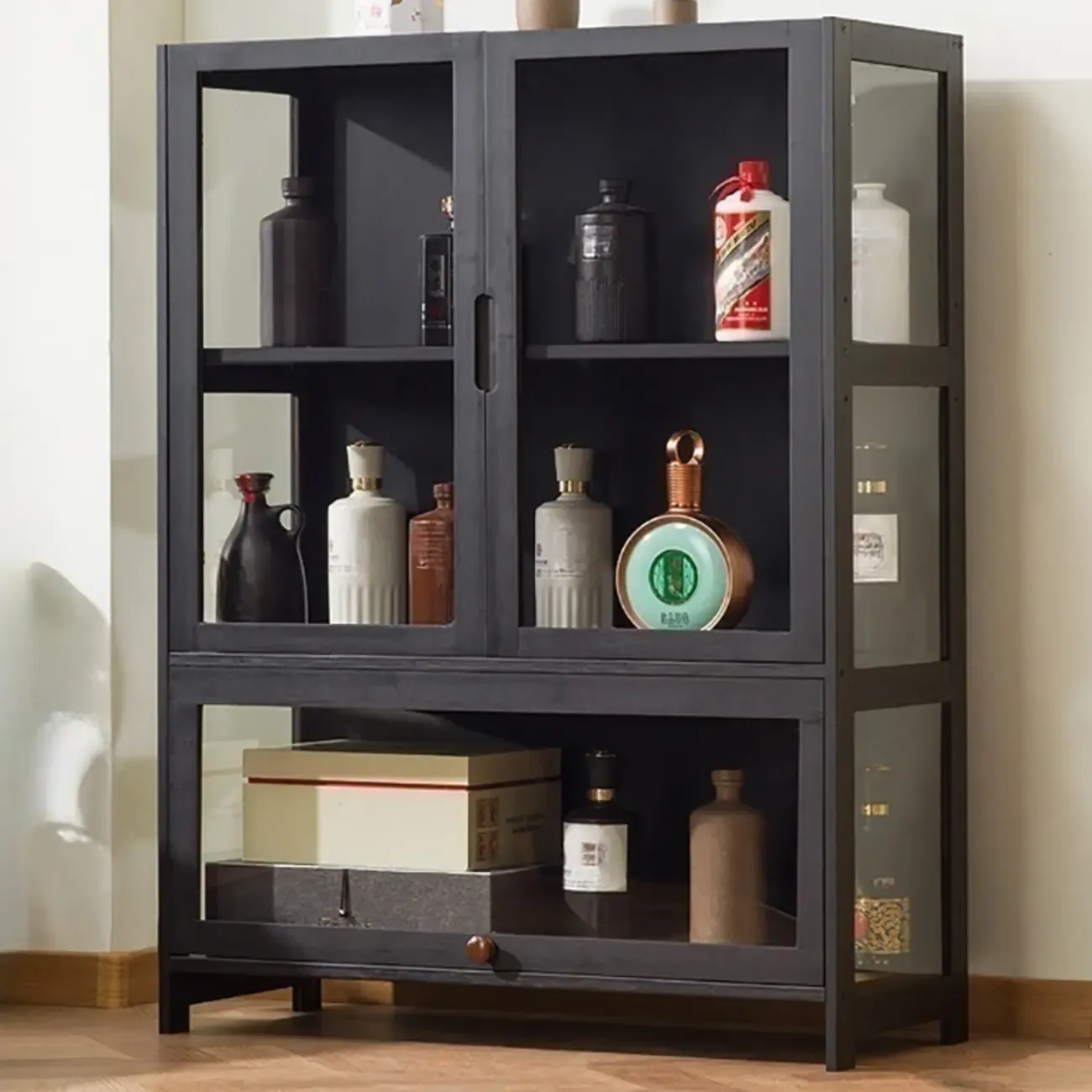 Contemporary 5 Shelves Bamboo Glass Black Curio Cabinet Image - 3