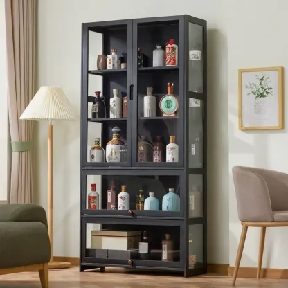 Contemporary 5 Shelves Bamboo Glass Black Curio Cabinet Image - 9