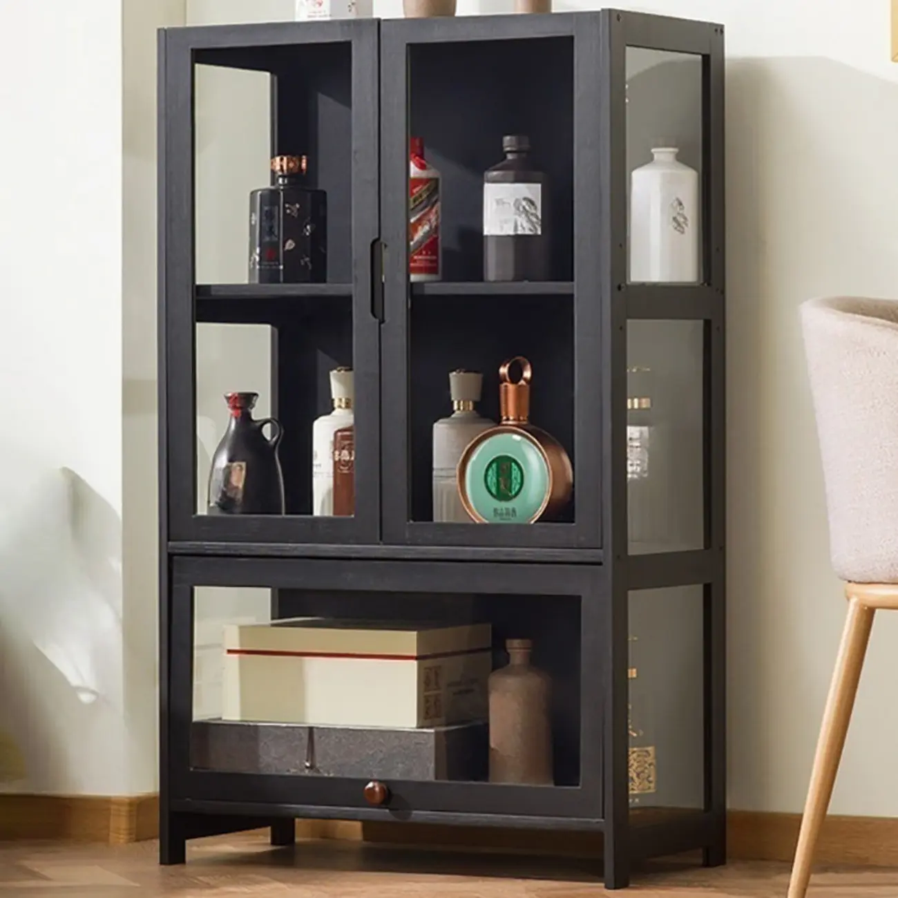 Contemporary 5 Shelves Bamboo Glass Black Curio Cabinet Image - 5 | homeyfad