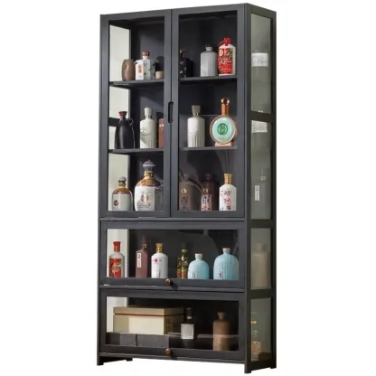 Contemporary 5 Shelves Bamboo Glass Black Curio Cabinet Image - 4