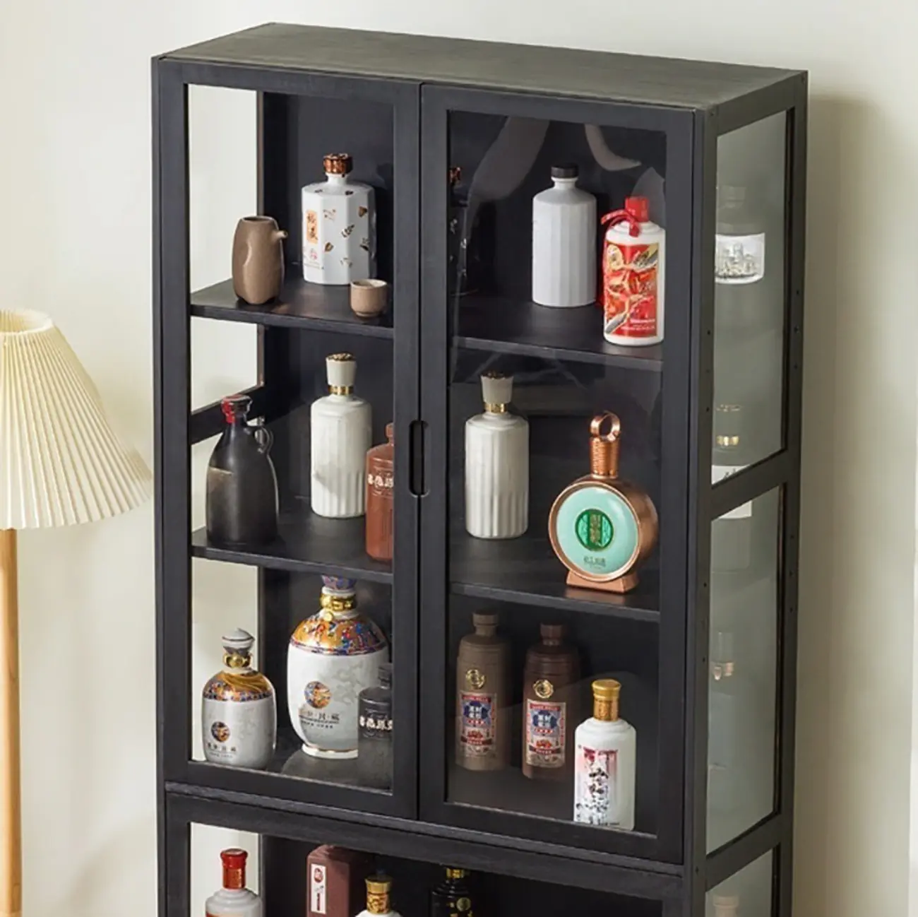 Contemporary 5 Shelves Bamboo Glass Black Curio Cabinet Image - 10 | homeyfad
