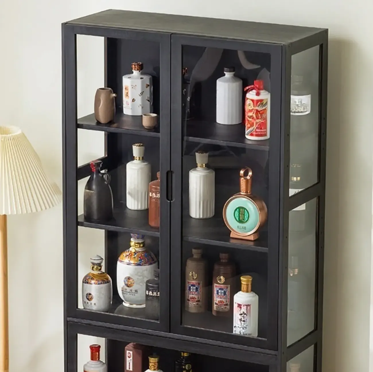 Contemporary 5 Shelves Bamboo Glass Black Curio Cabinet Image - 10
