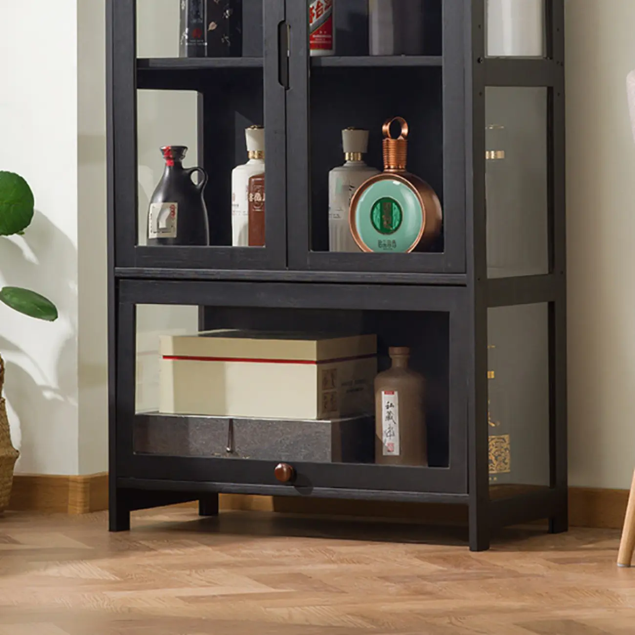 Contemporary 5 Shelves Bamboo Glass Black Curio Cabinet Image - 12 | homeyfad