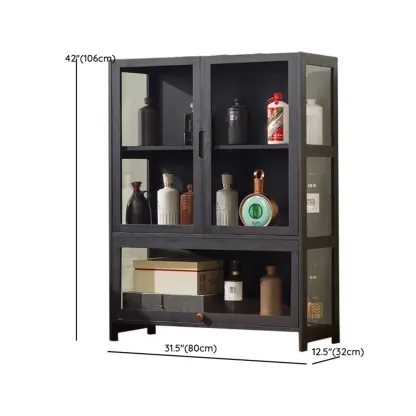 Contemporary 5 Shelves Bamboo Glass Black Curio Cabinet #size