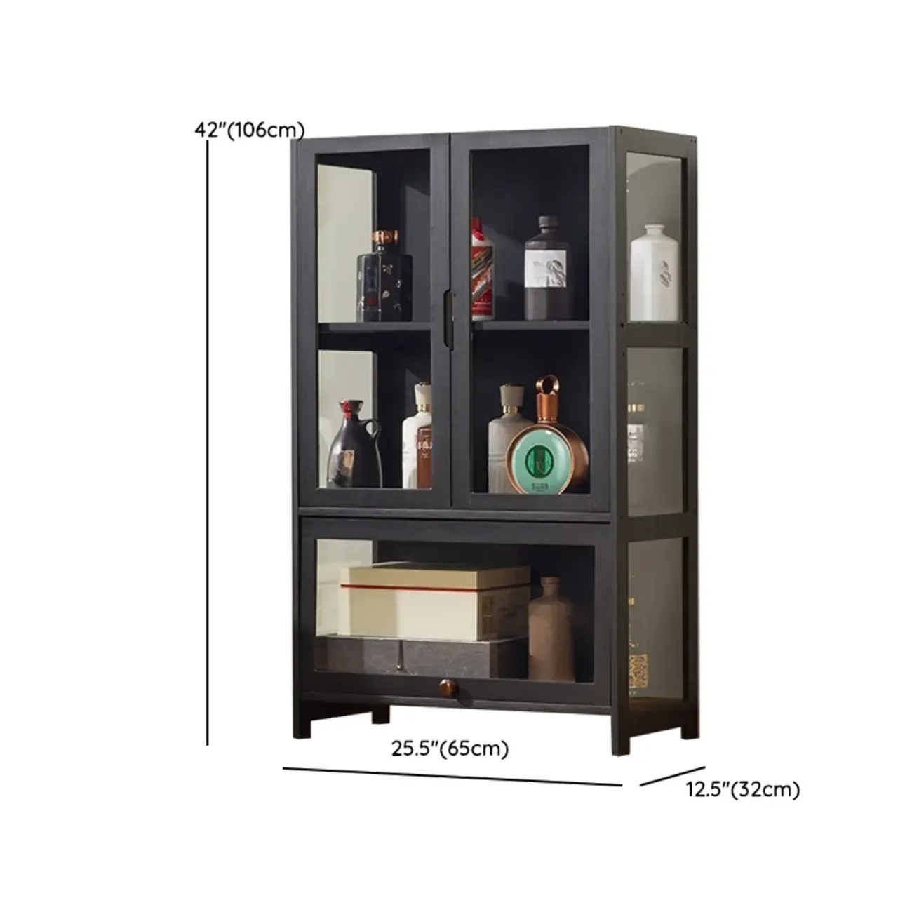 Contemporary 5 Shelves Bamboo Glass Black Curio Cabinet Image - 14