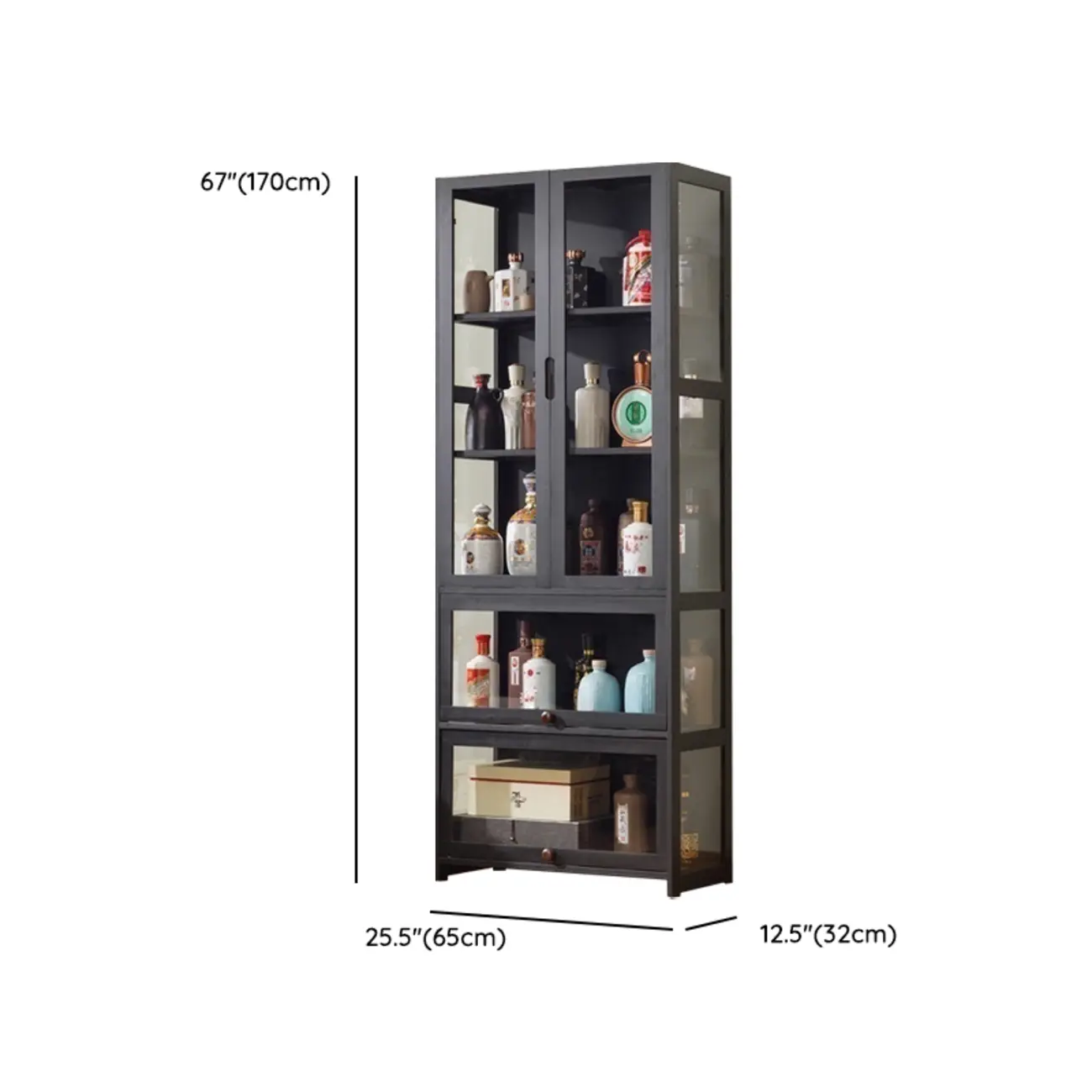 Contemporary 5 Shelves Bamboo Glass Black Curio Cabinet Image - 15 | homeyfad