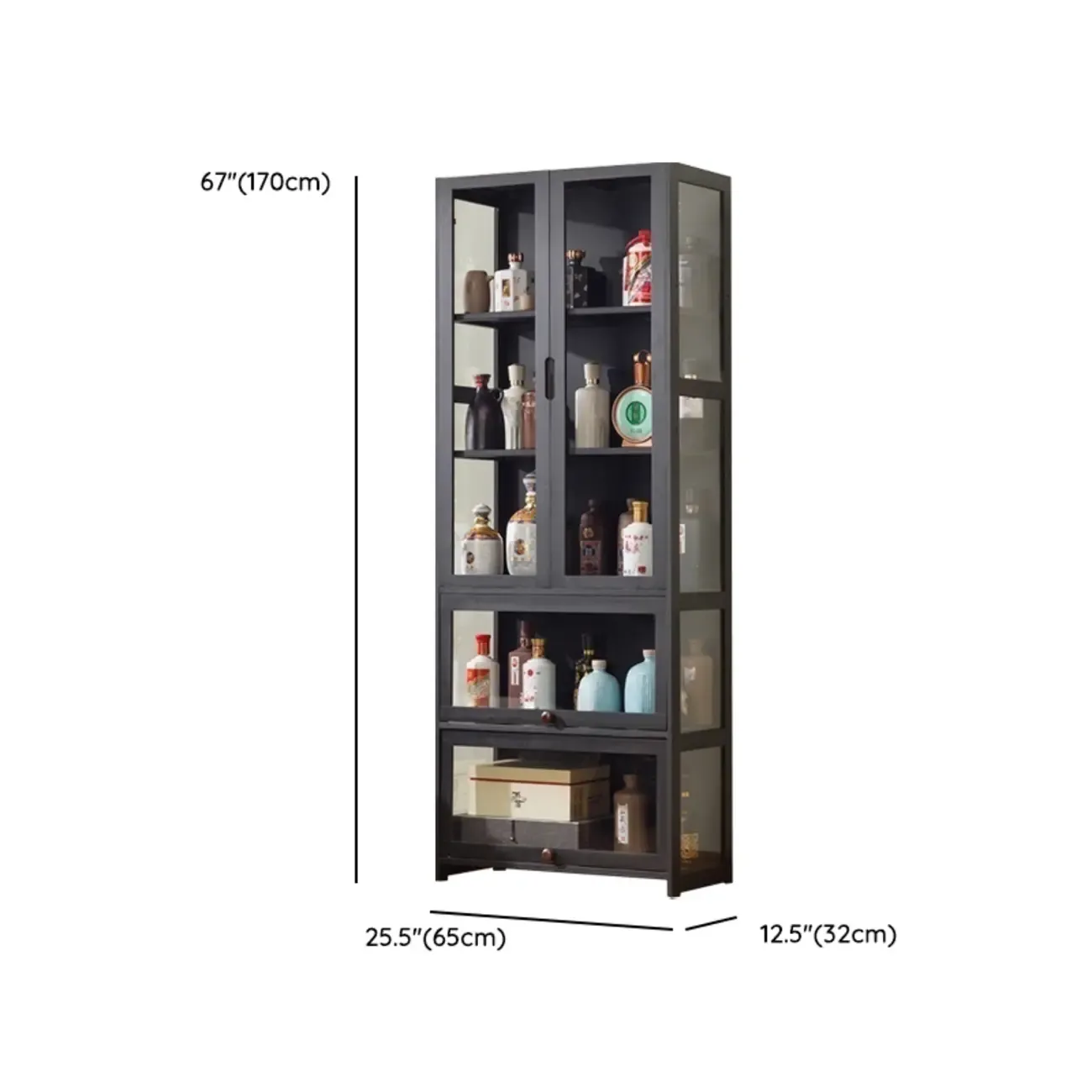 Contemporary 5 Shelves Bamboo Glass Black Curio Cabinet Image - 15