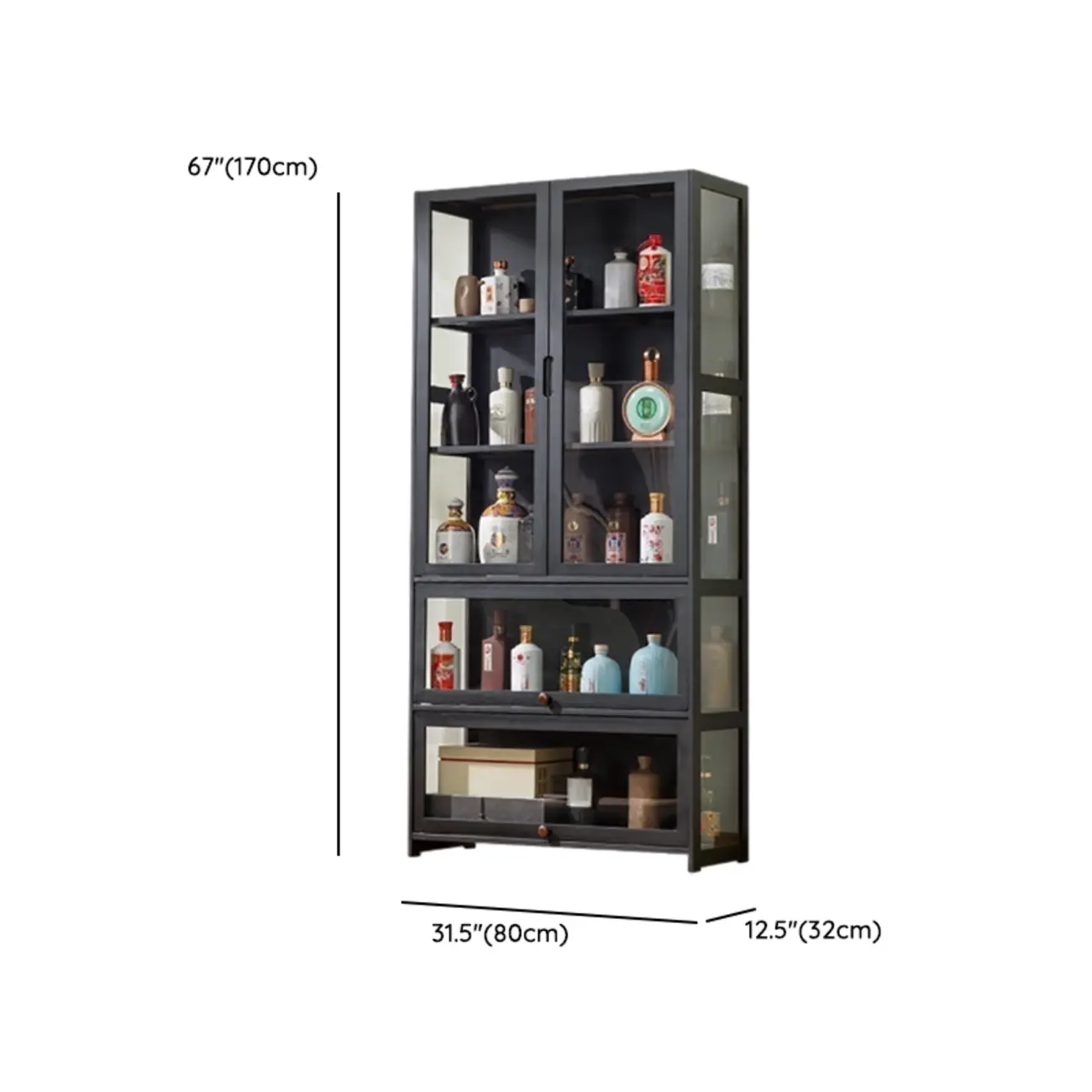 Contemporary 5 Shelves Bamboo Glass Black Curio Cabinet Image - 16 | homeyfad