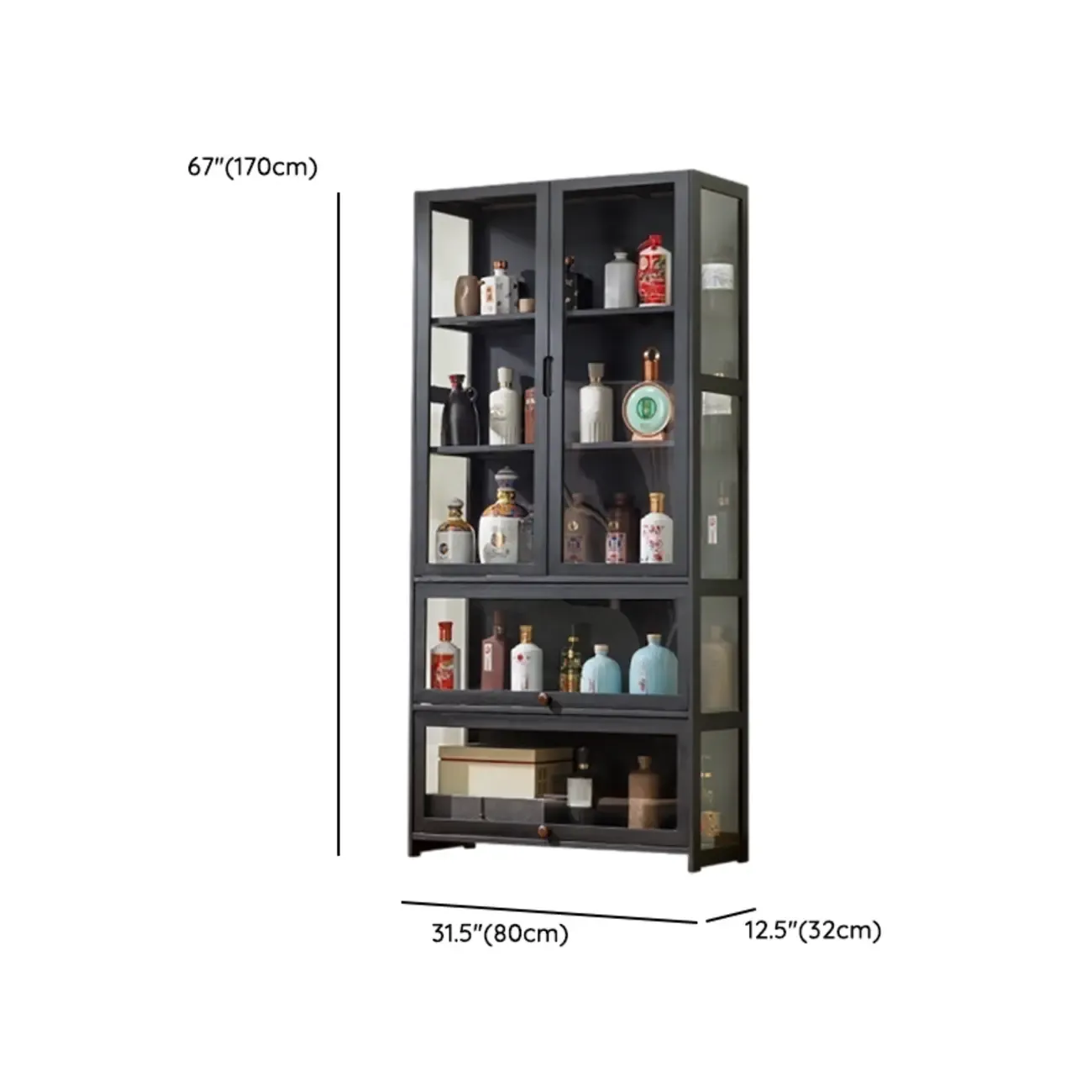 Contemporary 5 Shelves Bamboo Glass Black Curio Cabinet Image - 16