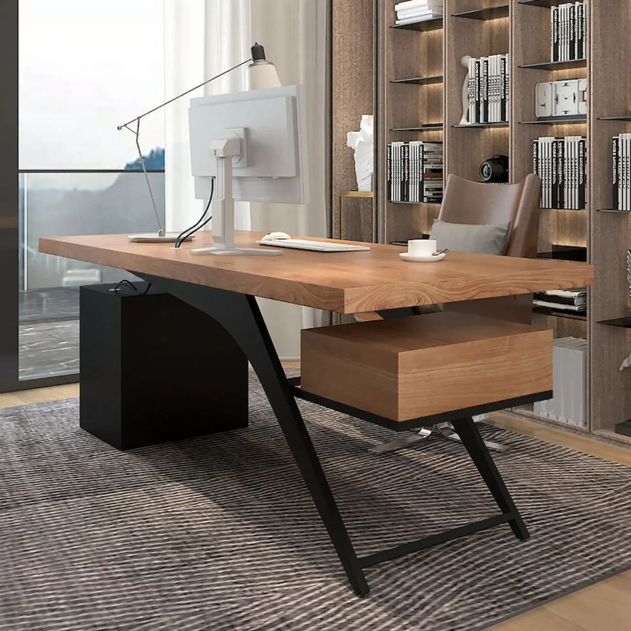 78.7"L Modern Brown Wood Drawer Executive Desk with CPU Storage Image - 2 | homeyfad