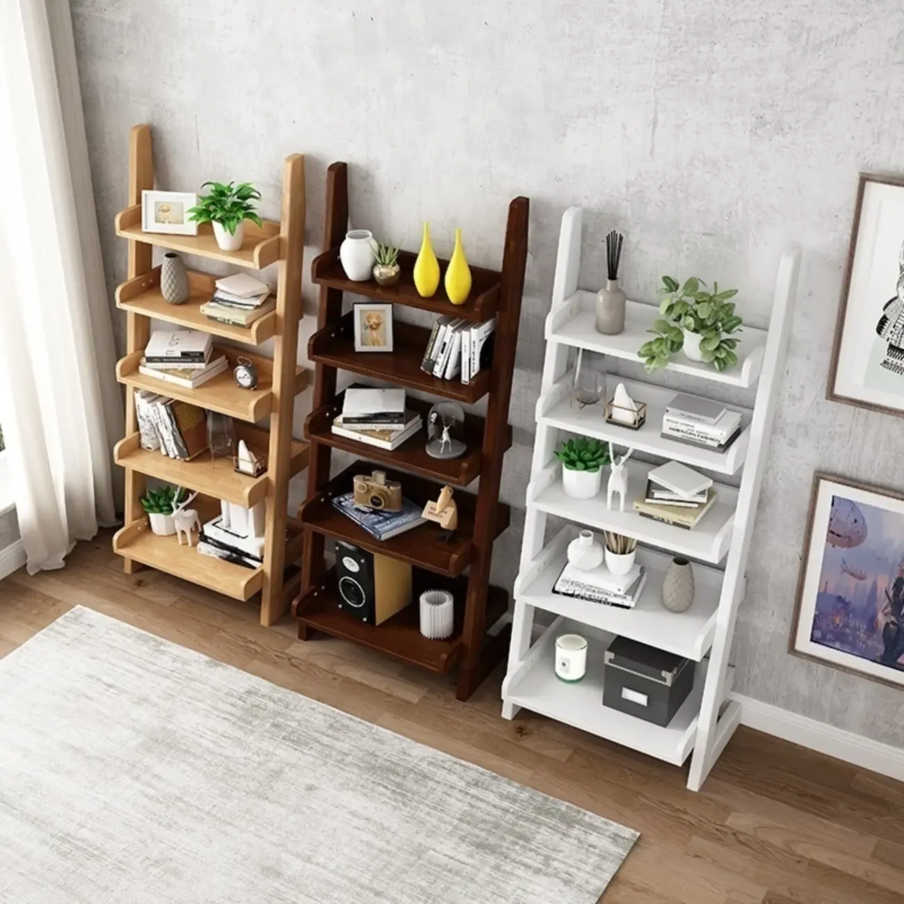 Narrow Modern Solid Wood 5-Tier Open Ladder Bookcase Image - 1