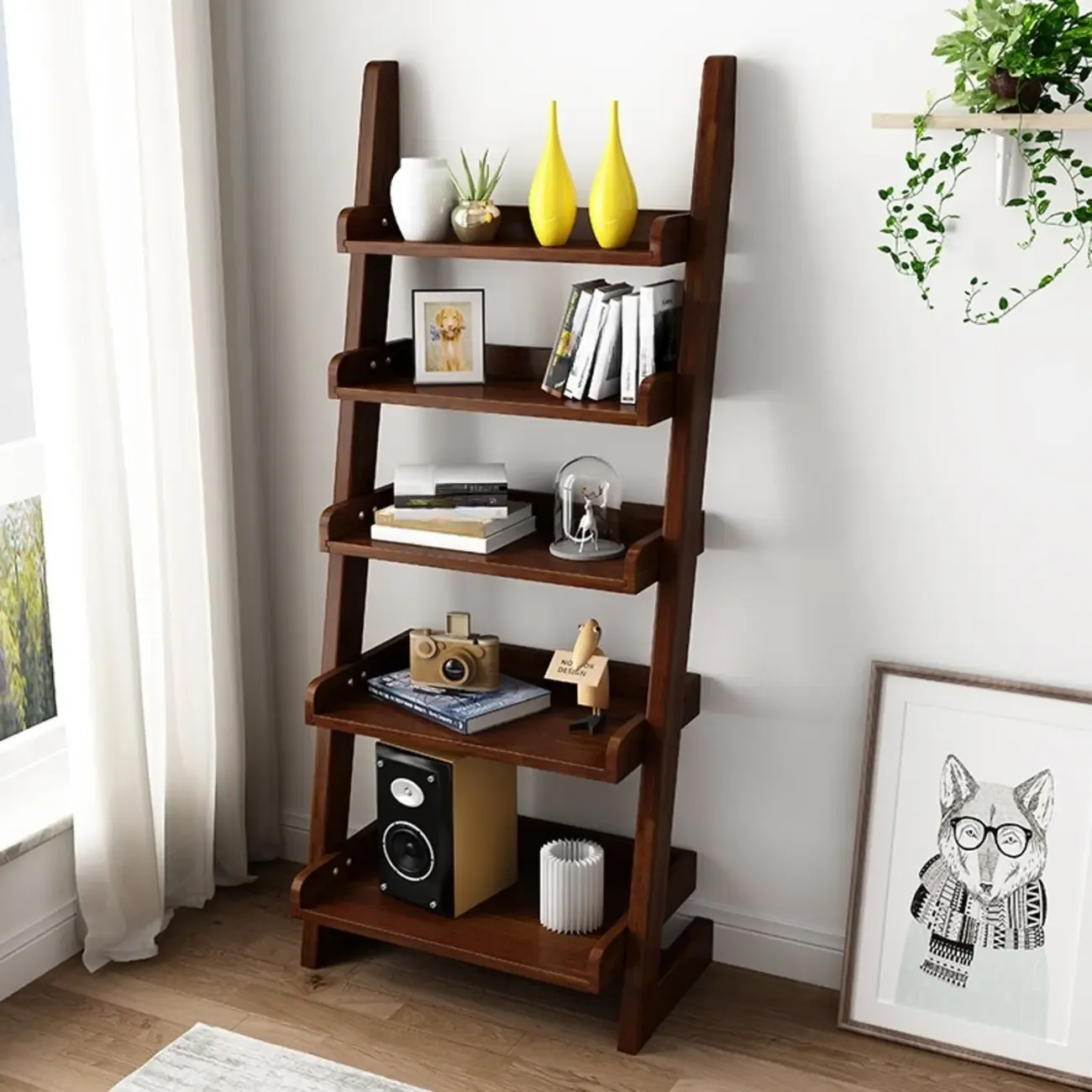 Narrow Modern Solid Wood 5-Tier Open Ladder Bookcase Image - 4