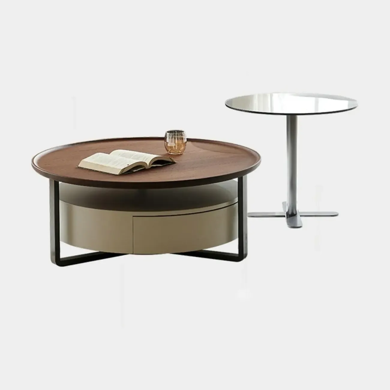 Modern Round Wooden Top Coffee Table with Drawer Image - 11