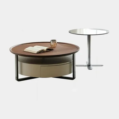 Modern Round Wooden Top Coffee Table with Drawer Image - 11