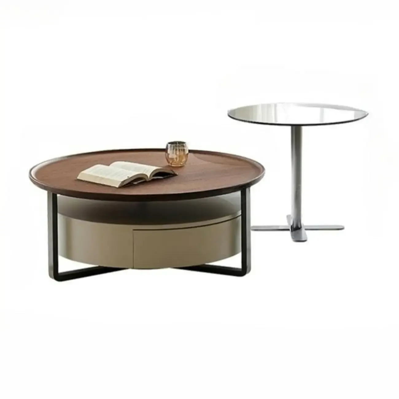 Modern Round Wooden Top Coffee Table with Drawer Image - 10
