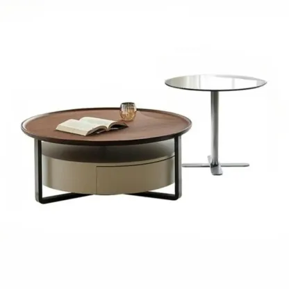 Modern Round Wooden Top Coffee Table with Drawer Image - 10