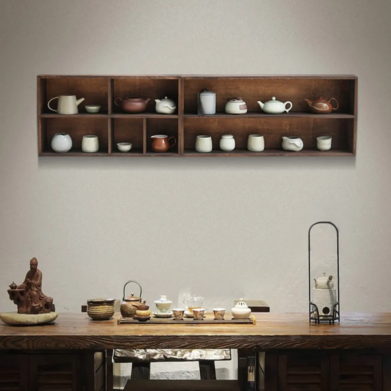 Traditional Long Brown Wood Wall Mount Open Display Cabinet Image - 1 | homeyfad