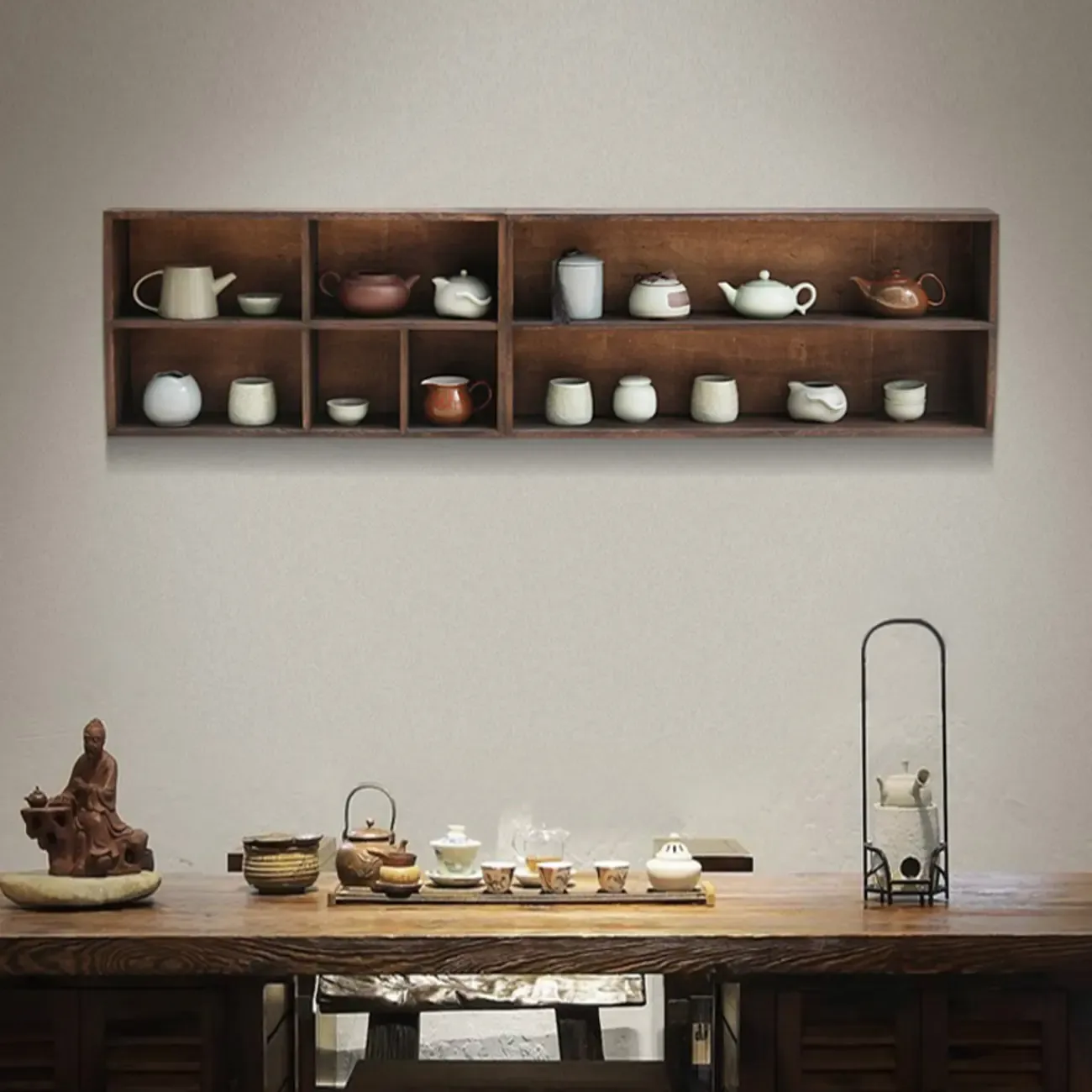 Traditional Long Brown Wood Wall Mount Open Display Cabinet Image - 1