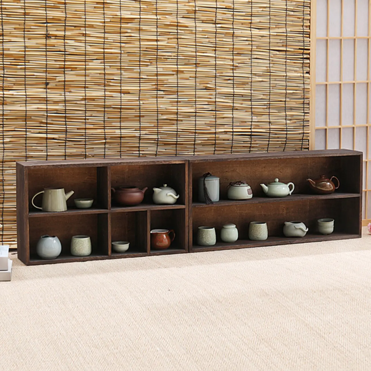 Traditional Long Brown Wood Wall Mount Open Display Cabinet Image - 2 | homeyfad