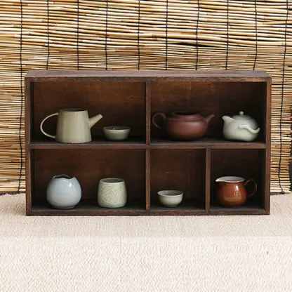 Traditional Long Brown Wood Wall Mount Open Display Cabinet Image - 5
