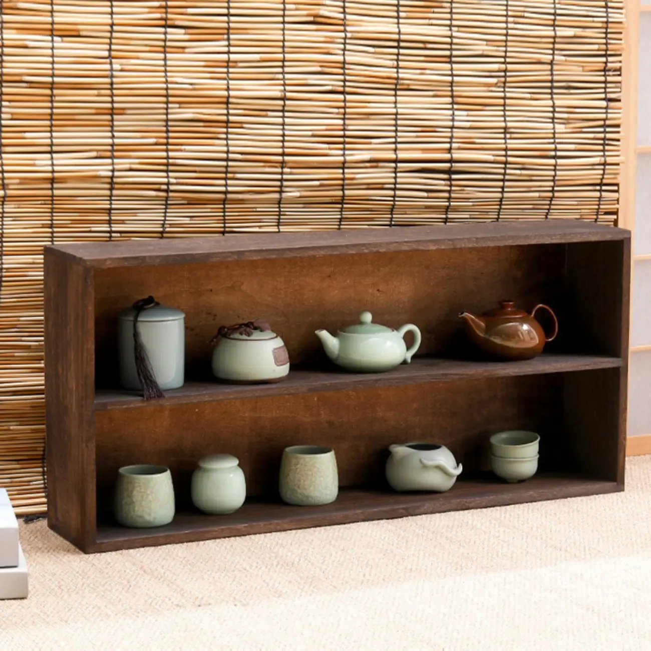 Traditional Long Brown Wood Wall Mount Open Display Cabinet Image - 7