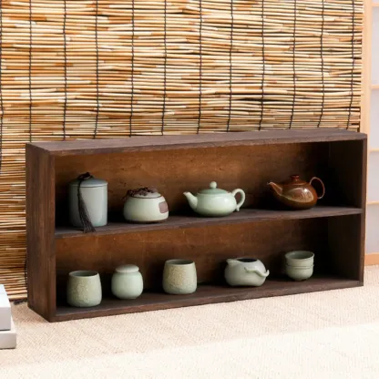 Traditional Long Brown Wood Wall Mount Open Display Cabinet Image - 7