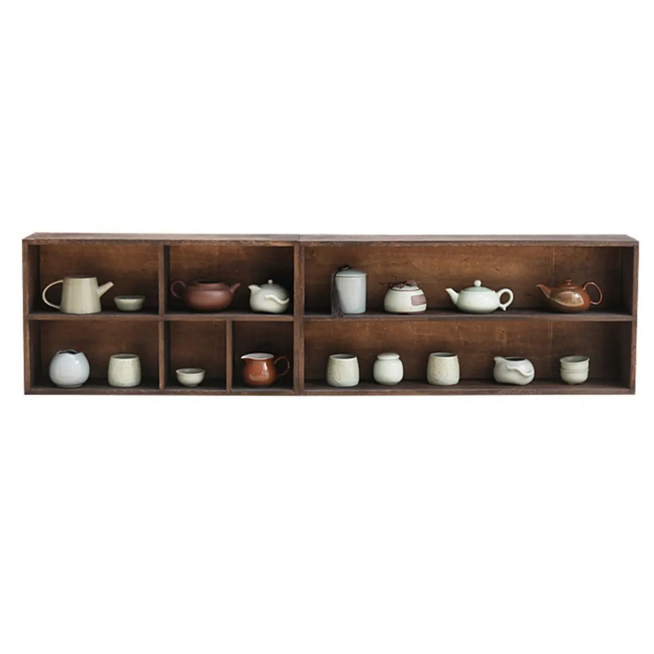 Traditional Long Brown Wood Wall Mount Open Display Cabinet Image - 10 | homeyfad
