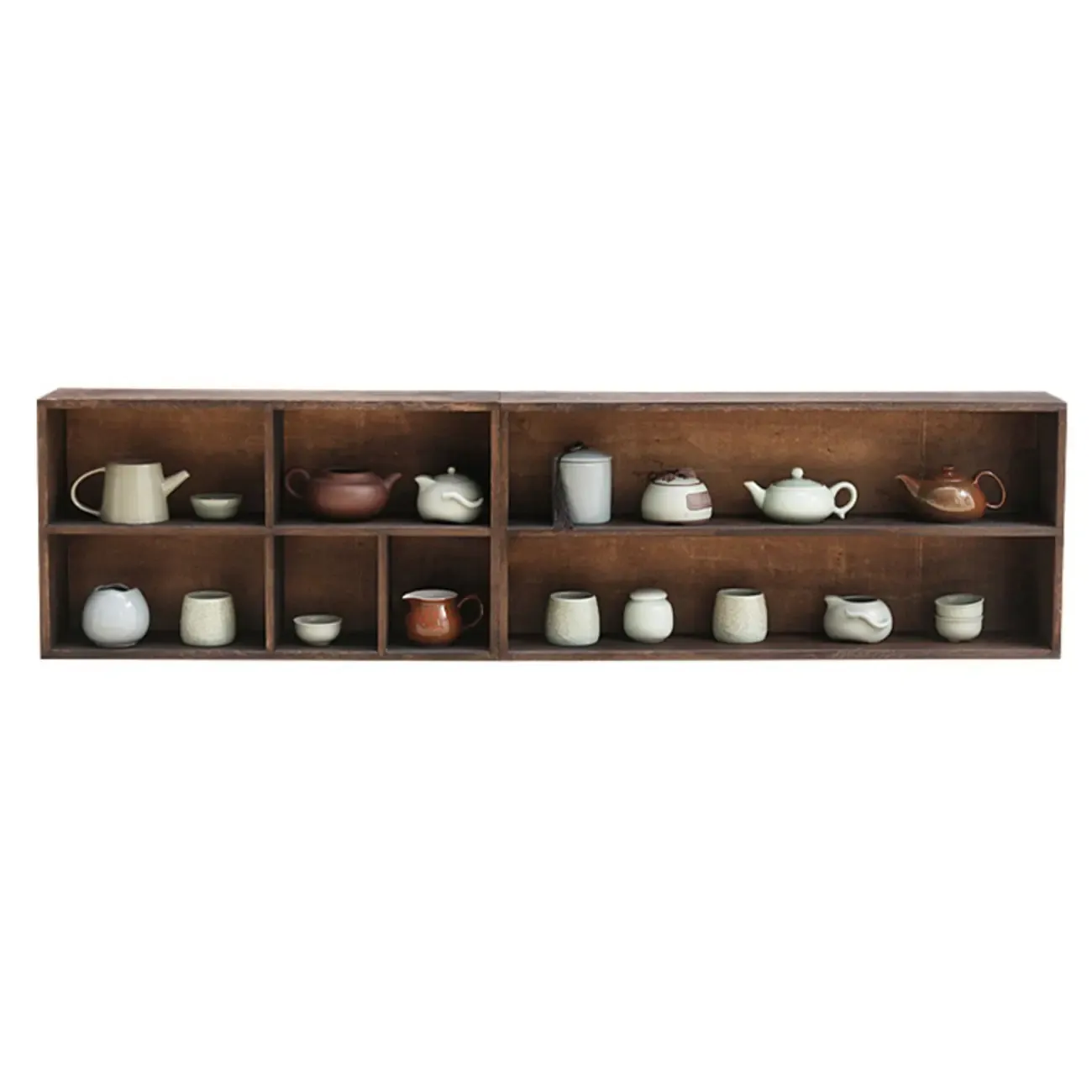 Traditional Long Brown Wood Wall Mount Open Display Cabinet Image - 10