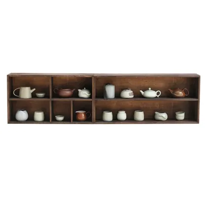 Traditional Long Brown Wood Wall Mount Open Display Cabinet Image - 10