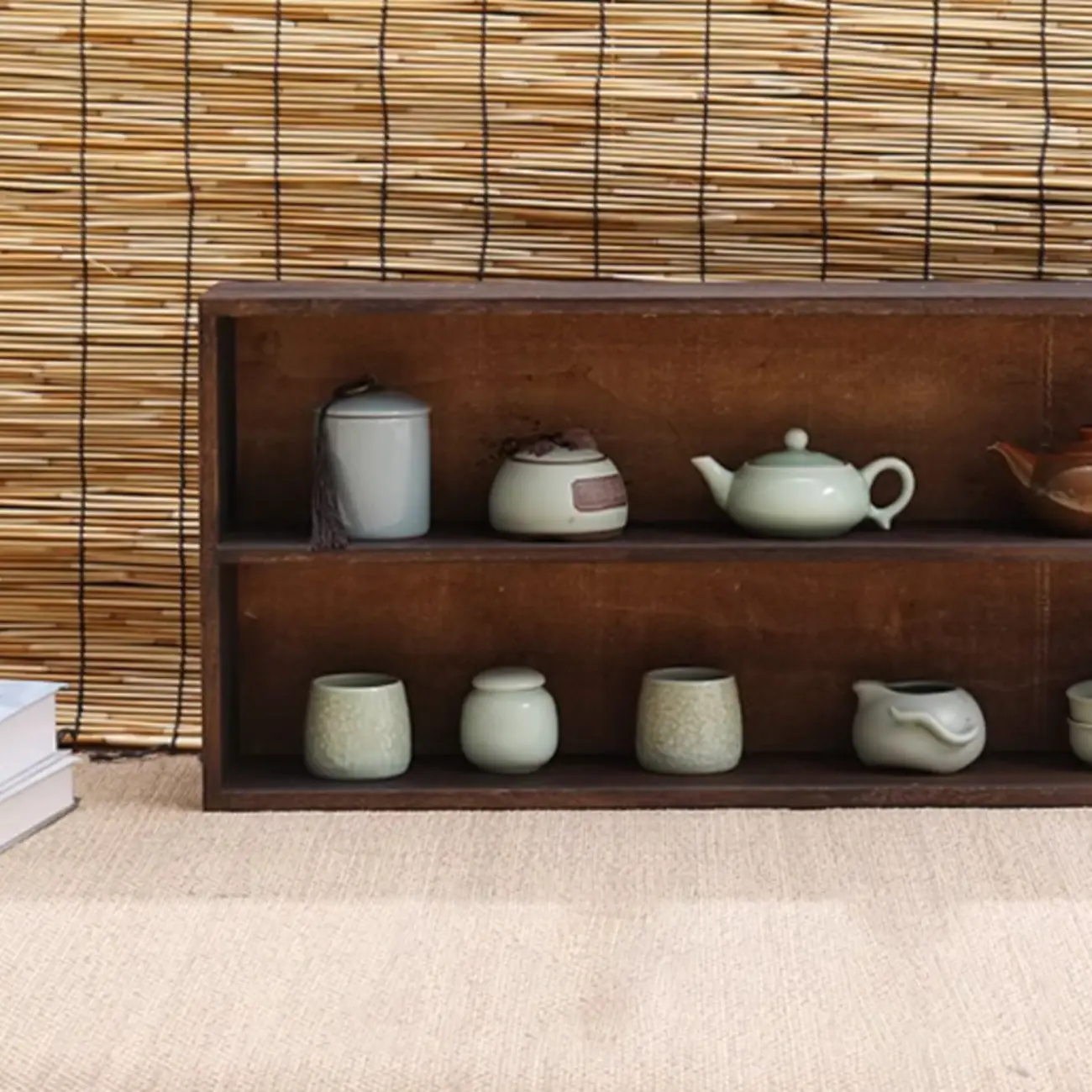 Traditional Long Brown Wood Wall Mount Open Display Cabinet Image - 8 | homeyfad