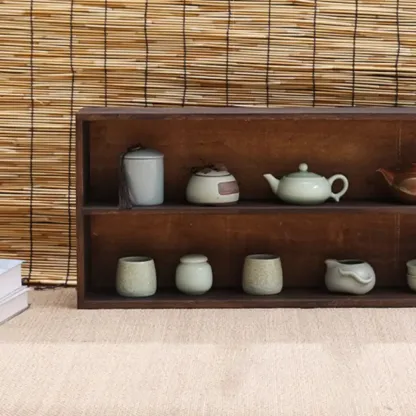 Traditional Long Brown Wood Wall Mount Open Display Cabinet Image - 8