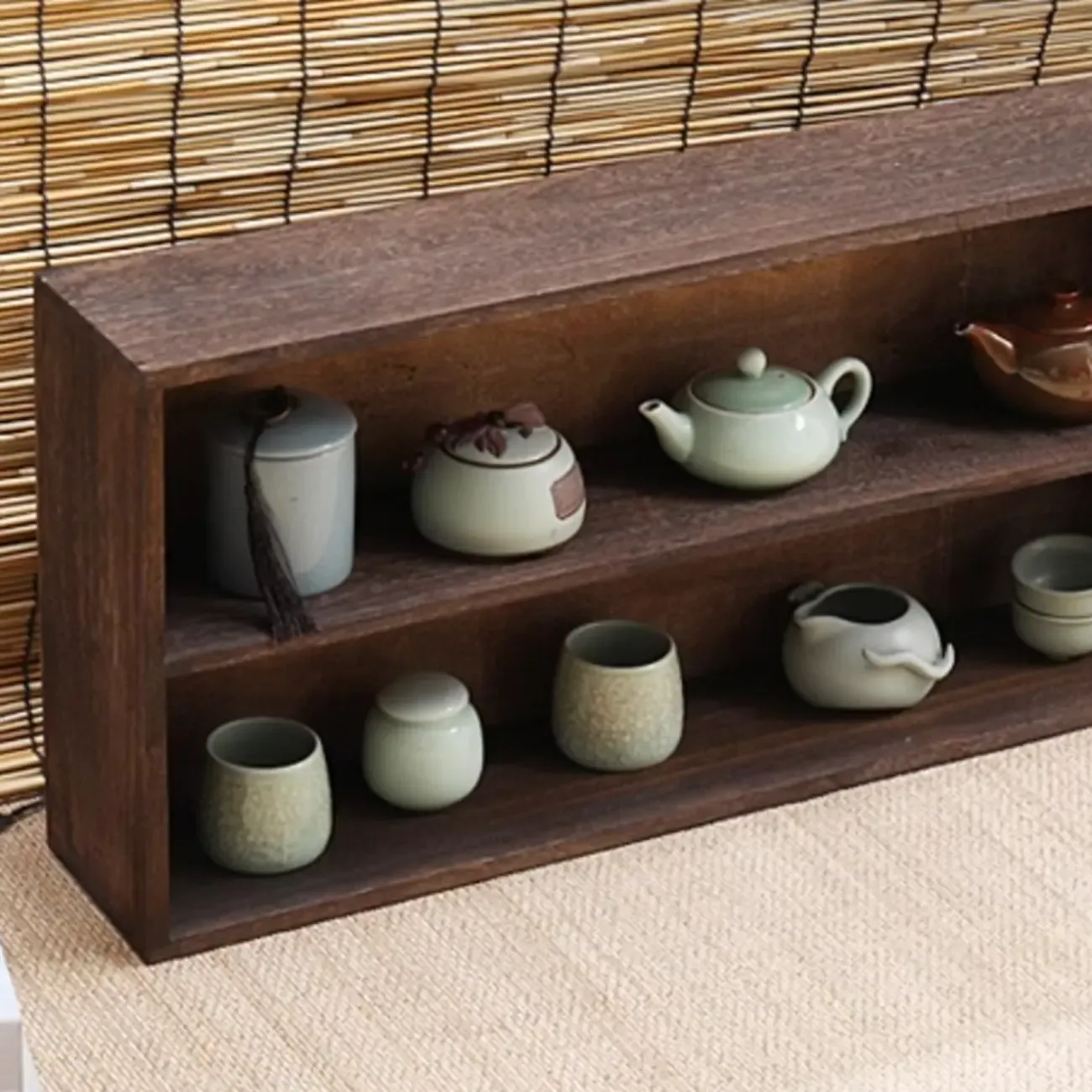 Traditional Long Brown Wood Wall Mount Open Display Cabinet Image - 9
