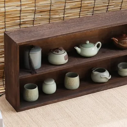 Traditional Long Brown Wood Wall Mount Open Display Cabinet Image - 9